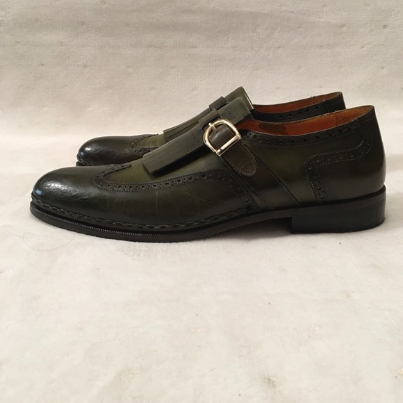 Paul Parkman Green Leather Wingtip Monkstrap Shoes - Picture 2 of 13
